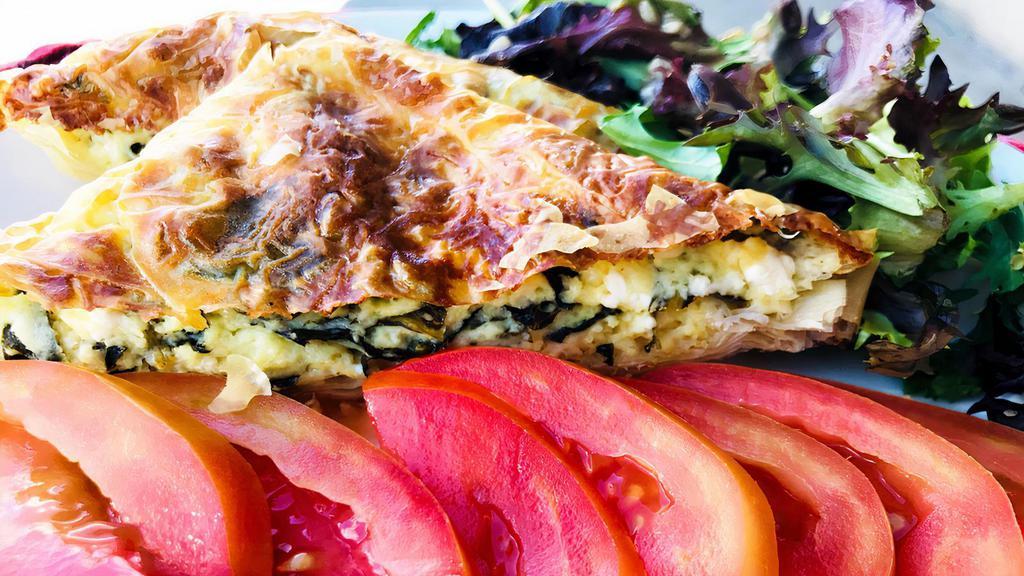 Banitsa With Spinach, Eggs And Feta Cheese · Organic baby spinach, cage-free eggs and bulgarian feta cheese wrapped in crispy thin phyllo dough. Includes side and dessert.
