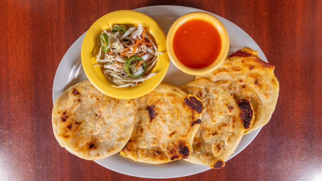 Pupusas · Frijol, queso, chicharron con queso, revueltos, queso con loroco, frijol con queso.

Consuming raw or undercooked meats, poultry, seafood, shellfish or eggs may increase your risk of food borne illness.