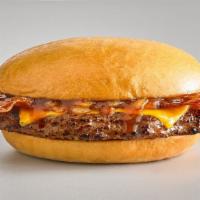 Cowboy Burger · Seasoned Beef Patty, Cheddar Cheese, Grilled Onions, 2 Slices of Bacon & BBQ  Sauce