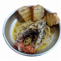 Lobsta Pasta · Grilled lobster tail with garlic butter linguini , parmesan and crostini