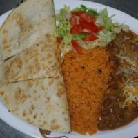 Meat Quesadillas Combo · Flour tortilla filled with meat of your choice served with rice, beans and salad.