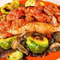 Salmon Romesco · bronzed salmon, herbed jasmine rice, seasonal vegetable, romesco sauce, fennel slaw