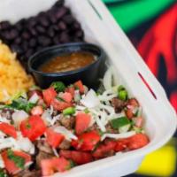 Frida Bowl With Carne Asada · A bowl with carne asada, rice, beans, cheese, lettuce, tomato, onion, and cilantro. Served w...