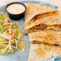 Quesadilla With Chorizo · Cheesy heaven. Flour tortilla, chorizo, and mixed cheese. Served with a side of homemade sal...