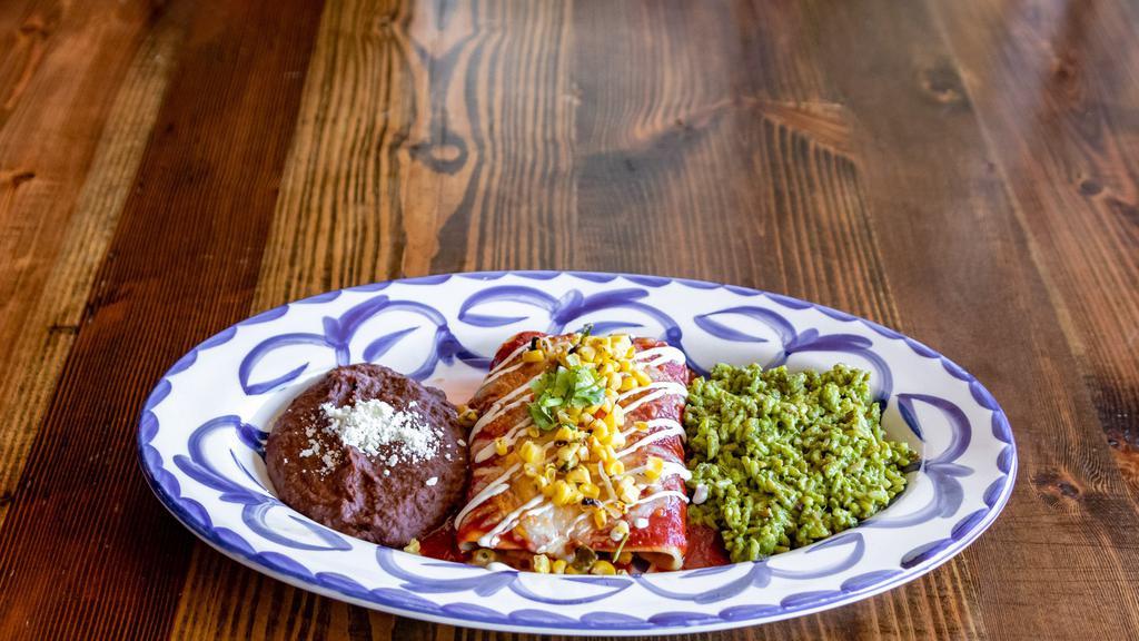 Enchiladas · Served with choice of Spanish or
cilantro brown rice & choice of charro beans or
refried black beans. Choice of Sauce: Roja, Verde, Crema or Queso.