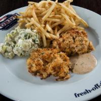 Crab Cakes  · Coleslaw, thin fries, and remoulade sauce.