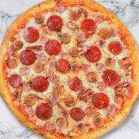 Meat Stop Pizza · Mozzarella, pepperoni, chicken, and sausage baked on a hand-tossed dough