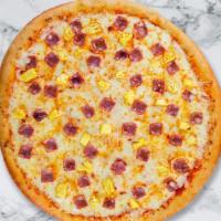 Hawaii Fave Pizza · Pineapples, ham and mozzarella cheese baked on a hand-tossed dough