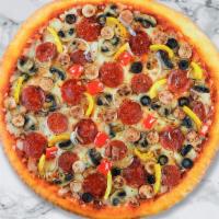 The Supremacy Pizza · Pepperoni, sausage, mozzarella, bell peppers, mushrooms, onions, and olives.