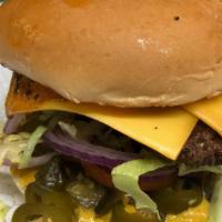 Firehouse Cheeseburger · Habanero sauce, American cheese, cayenne butter, jalapeños, lettuce, tomato, pickle, & onion.