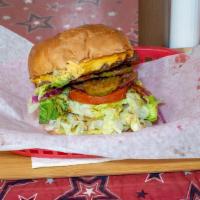 Firehouse Burger · Habanero sauce, cayenne butter, jalapeños, lettuce, tomato, pickle, onion.