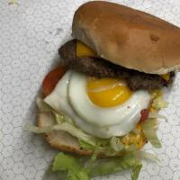Soldier Cheeseburger · Mayo, mustard, lettuce, tomato, pickle, onion, American cheese, and sunny side up fried egg.