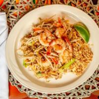 Pad Thai · Thai national noodles stir-fried with egg, bean sprouts, scallion and crushed peanut.