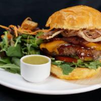 Bbq Burger · Steak Burger, Sharp Cheddar, Barbeque Sauce, Frizzled Onions, Thick Cut Bacon, and Henny May...