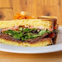 Rgb Blt · Choice of Pork or Turkey Jerked Candied Bacon piled high, roasted garlic sauce, mixed greens...