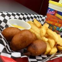 Mini Corn Dog Kiddo Meal · Battered and deep-fried sausage. Comes with fries and drink.