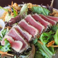 Seared Ahi Tuna · Seared Tuna fillet 6oz. Serve with Wasabi soy, spinach, greenbean, & bacon bits
