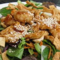 Teriyaki Chicken Salad · Lettuce, spinach, carrots, cashew nuts, & cripsy noodle. Sliced Chicken breast glazed with T...