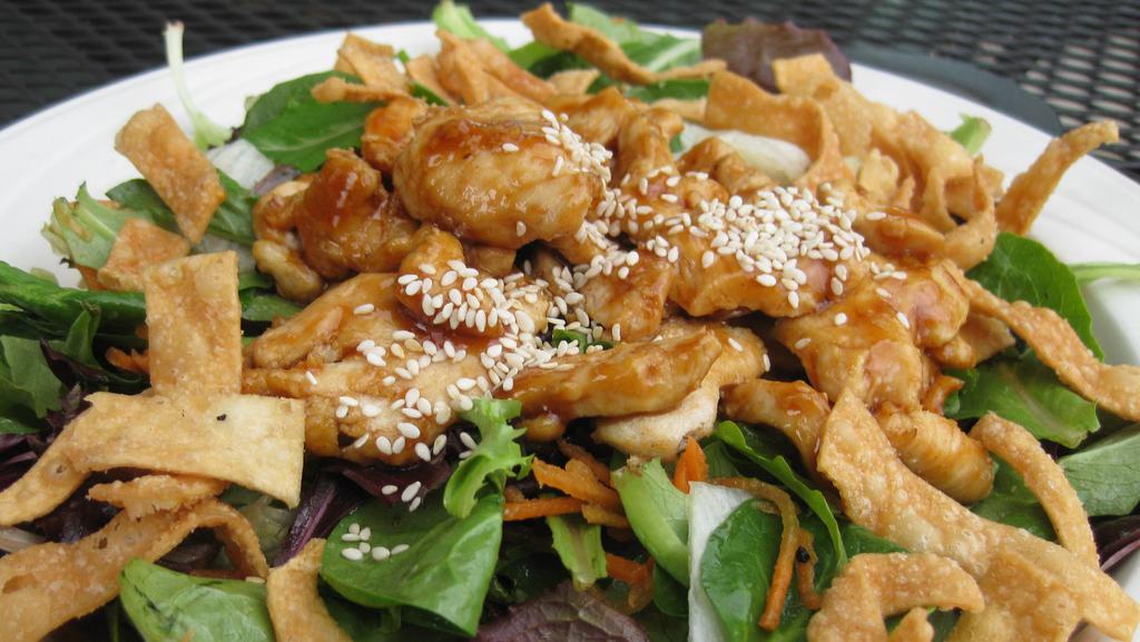 Teriyaki Chicken Salad · Lettuce, spinach, carrots, cashew nuts, & cripsy noodle. Sliced Chicken breast glazed with Teriyaki sauce.