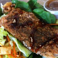 Grilled Teriyaki Salmon Salad · Lettuce, spinach, carrots, cashew nuts, & cripsy noodle. Grilled Salmon glazed with Teriyaki...