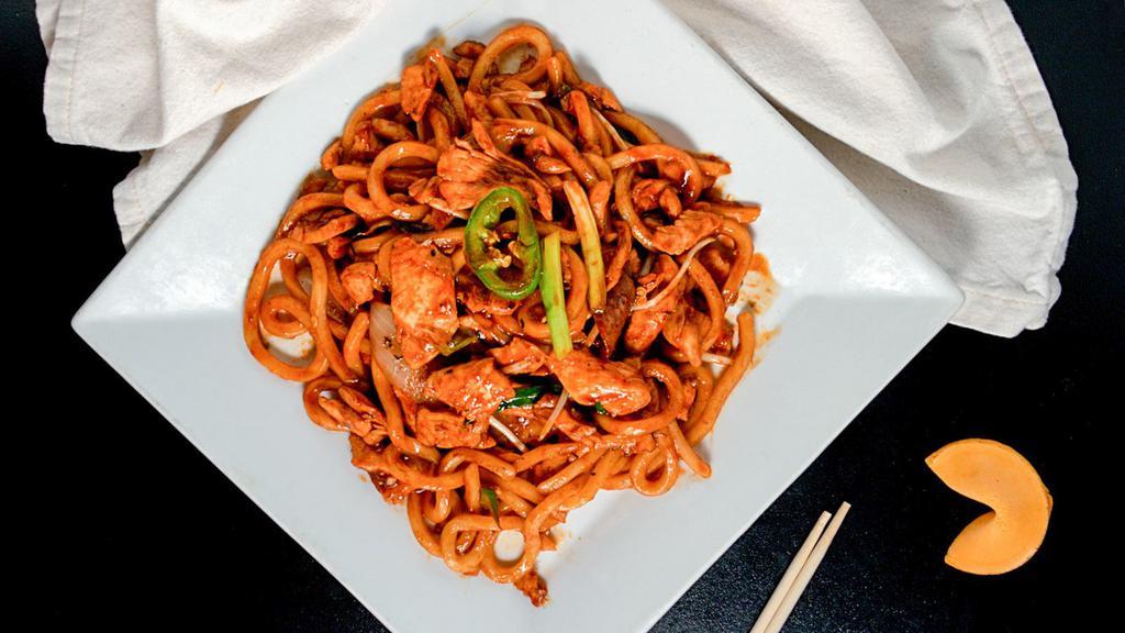 Stir Fry Spicy Udon · Udon noodle stir fry, fresh jalapeño, bean sprout, yellow and green onions.