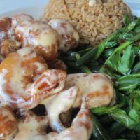 Spicy Crispy Shrimp · Grilled or fried Shrimp with Spicy Mayo sauce. Serve with spinach, greenbean, & bacon bits
