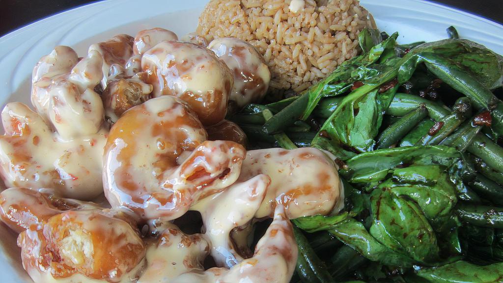 Spicy Crispy Shrimp · Grilled or fried Shrimp with Spicy Mayo sauce. Serve with spinach, greenbean, & bacon bits