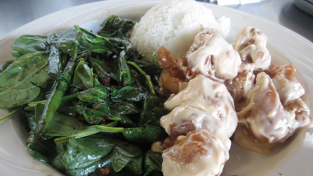 Spicy Crispy Chicken · Grilled or fried Chicken with Spicy Mayo sauce. Serve with spinach, greenbean, & bacon bits