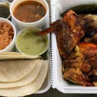 1/2 Chicken (4 Pieces) · Rice, charro beans, tortillas, salsa. grilled pepper. Feeds two-three people.