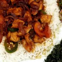 Rice With Chicken · Chicken cube cooked with fresh onion, garlic, tomato, jalapeño pepper and seasoned chili pas...