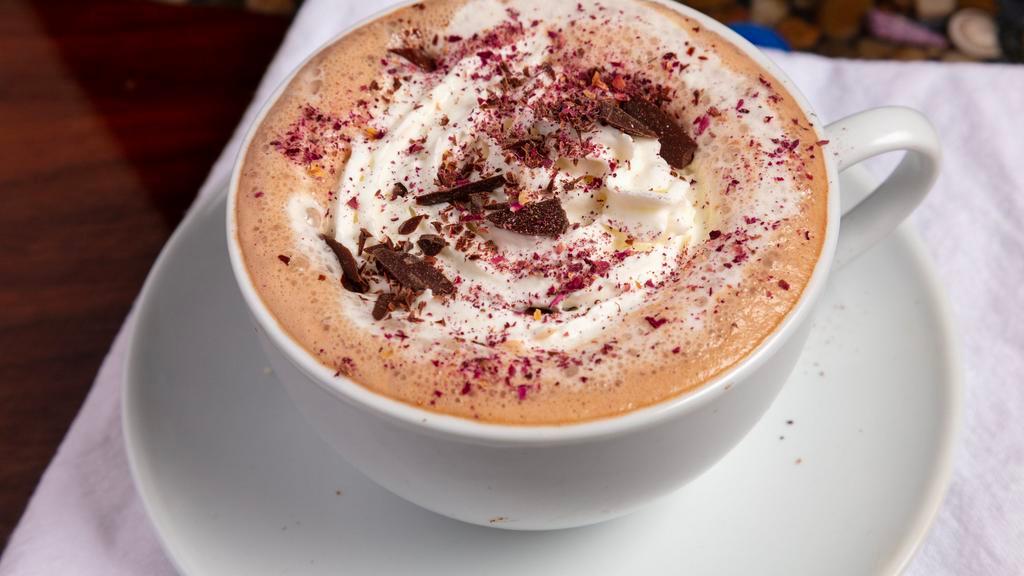 Rose Hot Chocolate · Organic Rose Flavored Hot Chocolate topped with edible Rose Petals