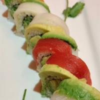 *Rainbow Roll · Salmon, tuna, yellowtail, kani, avocado, cucumber, asparagus & tobiko.