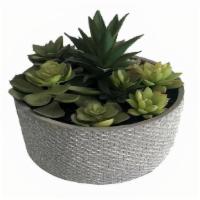 Faux Succulents In Cement Pot 2 (Med) · Faux succulents in a grey woven pattern ceramic pot. Wipe clean with a damp cloth. Material:...