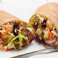 Greek Wrap With Grilled Chicken · Grilled chicken, feta cheese, lettuce, tomato, red onion and Kalamata olives, topped with Gr...