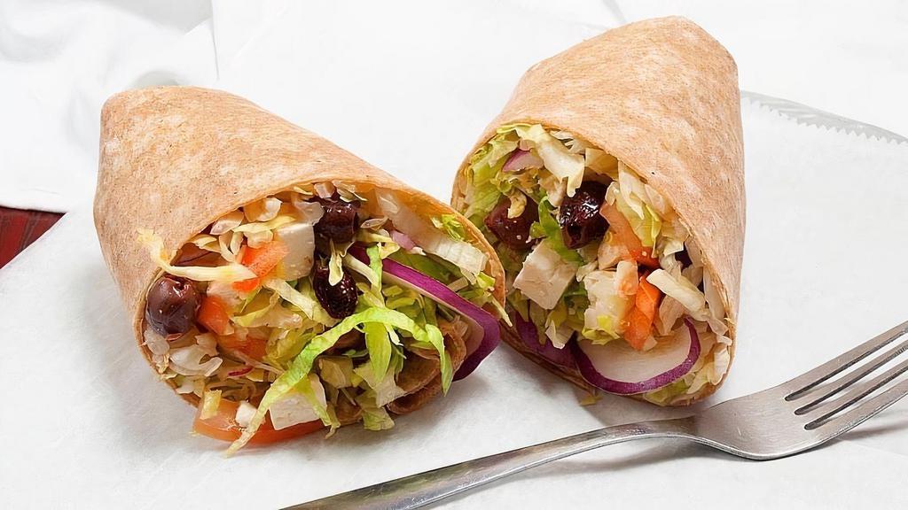 Greek Wrap With Grilled Chicken · Grilled chicken, feta cheese, lettuce, tomato, red onion and Kalamata olives, topped with Greek dressing.