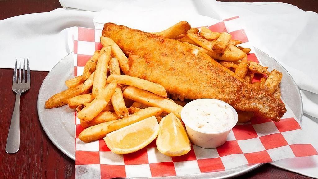 Fish & Chips · Served with tartar sauce, coleslaw and lemon wedge.