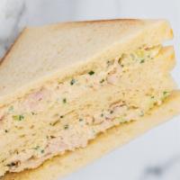 Chicken Salad Sandwich · Chicken salad with chopped granny smith apple, chopped celery, chopped onion, on white bread.
