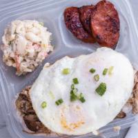 My Kalani · Kalua pork over rice, topped with two eggs (over medium) 3 slices of  Portuguese sausage and...