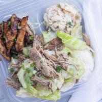 Aloha Plate · Slow roasted Kalua pork and cabbage, teriyaki chicken. Served with steamed rice and macaroni...