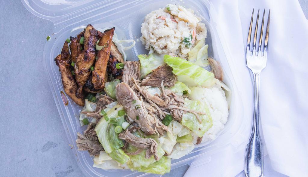 Aloha Plate · Slow roasted Kalua pork and cabbage, teriyaki chicken. Served with steamed rice and macaroni salad