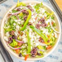 Greek Salad · Vegan without feta. Vegetarian. Romaine lettuce, tomatoes, cucumbers, red onions, kalamata o...