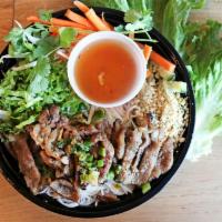 Tofu Vermicelli · Vermicelli rice noodles with grilled protein, cucumbers, carrots, lettuce, beansprouts and c...