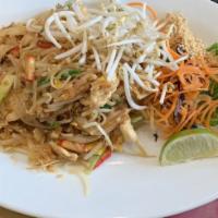 Pad Thai · The most famous Thai noodles dish. Stir fried rice noodles with egg, scallion, and bean spro...