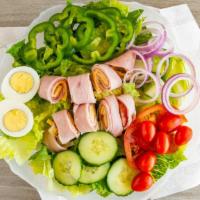 Chef Salad · Turkey, ham, salami, provolone, American cheese, romaine hearts lettuce and fresh garden veg...