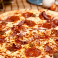 Italian Meat Lover Pizza · Ground beef, pepperoni, sausage, ham, salami, bacon, topped with a blend of provolone, mozza...