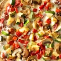 Vegetarian Pizza · Green peppers, mushrooms, onions, black olives, extra cheese, chopped tomatoes.