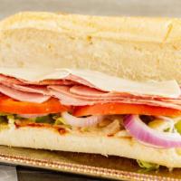 Italian Cold Cut Sub · Ham, salami, provolone cheese with hot,lettuce tomato and mayo, raw onion and oil n viniger