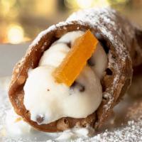 Cannoli Siciliani · crispy shell filled with creamy ricotta cheese and chocolate chip, garnish with candied fruit