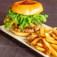 Green Room Burger · 8 oz all-beef patty topped with lettuce, tomato, red onion, pickles, smoked cheddar and hous...