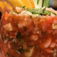 Coctel De Camarones · Shrimp, diced cucumber, pico de galo in an acapulco style sauce (tomato, orange & lime juice...